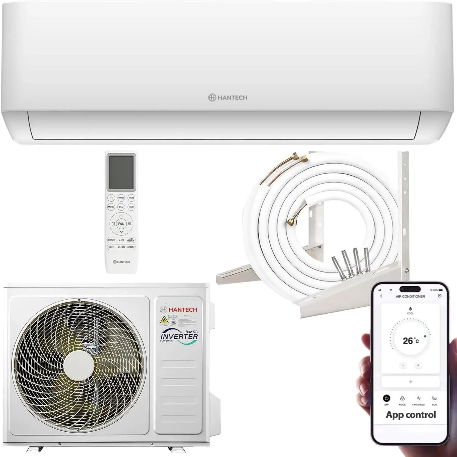 HANTECH H-PRO Split-Klimaanlage 9000 BTU, Heizen & Kühlen, Luftfilter, WLAN, inkl. Montagezubehör, geeignet für Räume bis 35m², weiß