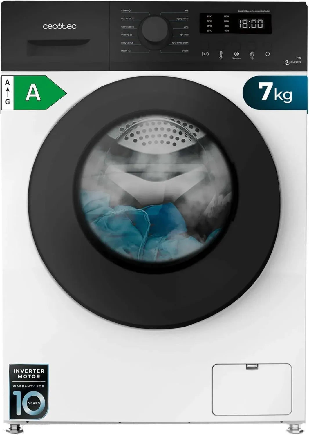 Cecotec Frontlader Waschmaschine 7kg, 1400 U/min, 12 Programme, Inverter Plus, Energieklasse A, mit Dampf- und Trommelreinigung