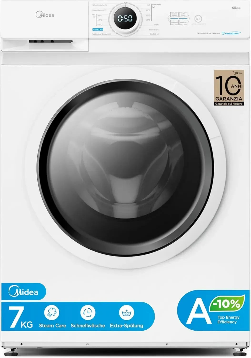 Midea 7kg Waschmaschine mit Inverter-Motor und Dampffunktion, 1400 U/Min, Kindersicherung, AquaStop, weiß